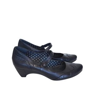 PIKOLINOS Black Leather Mary Jane Pumps with Perforated Detail